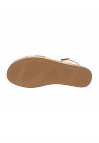 Infradito con una suola in gomma di un tono texture beige. Presenta una parte superiore in un leggero beige con una semplice fibbia e dettagli decorativi.