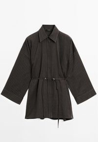 Dark striped shirt with a collar and wide sleeves, featuring a cinched waist tied with a drawstring.