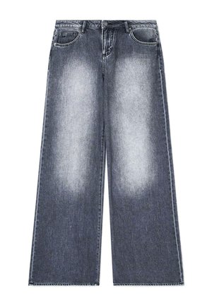 Weit geschnittene Jeans aus Denim in einem ausgewaschenen, dunklen Grauton. Enthält fünf Taschen, einen Knopfverschluss und unregelmäßige Saumdetails. Glatter, mittelschwerer Stoff.