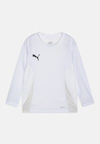Langsleeve sportshirt in het wit met zwart Puma-logo. Voorzien van mesh zijpanelen en "DRYCELL" detail nabij de zoom voor vochtregulatie.