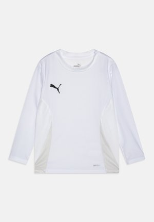 Langärmliges Sportshirt in Weiß mit schwarzem Puma-Logo. Mit Netz-Seiteneinsätzen und "DRYCELL"-Detail in der Nähe des Saums für Feuchtigkeitsableitung.