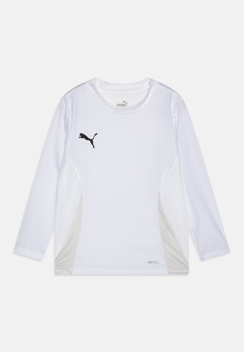 Langsleeve sportshirt in het wit met zwart Puma-logo. Voorzien van mesh zijpanelen en "DRYCELL" detail nabij de zoom voor vochtregulatie.