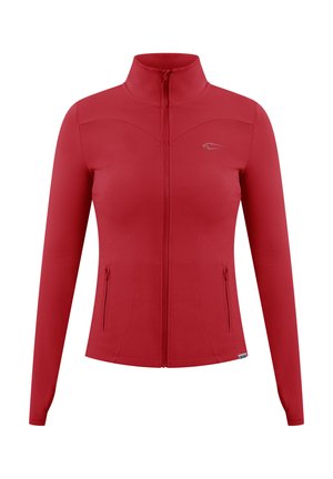 Giacca rossa con zip, realizzata in un tessuto liscio e elasticizzato. Presenta maniche lunghe, due tasche laterali e un colletto alto; include un dettaglio del logo sul petto.