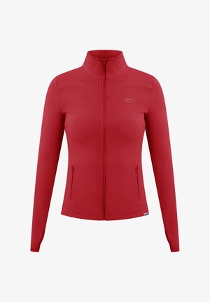 Rote Zip-Up-Jacke aus glattem, dehnbarem Stoff. Verfügt über lange Ärmel, zwei Seitentaschen und einen hohen Kragen; mit Logodetail auf der Brust.