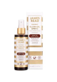 James Read Coconut Glow-Oil Spritz Flasche und Box mit goldenen und weißen Streifen, Beschriftung mit sofortigem Farbton, streifenfreier Bräune und Kokosnussöl.