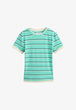 Rövid ujjú türkiz póló krém, sötétzöld és világoskék vízszintes csíkokkal, valamint krém szegéllyel és mandzsettával.