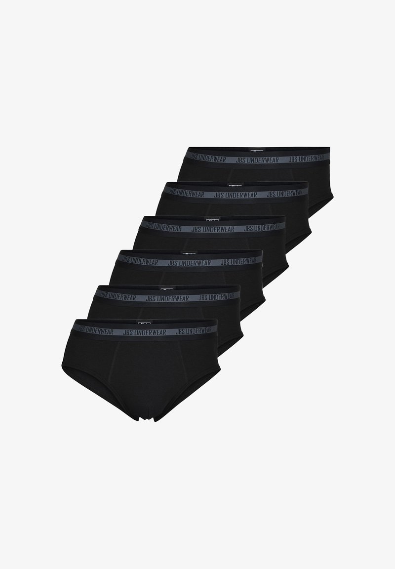 Kuusi mustaa miesten alushousua pinottuna vinosti, vyötäröllä teksti "JBS UNDERWEAR", valkoista taustaa vasten.