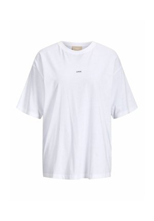 T-shirt blanc à manches courtes avec col rond et logo noir "JJXX" centré sur la poitrine, présenté sur un fond blanc uni.