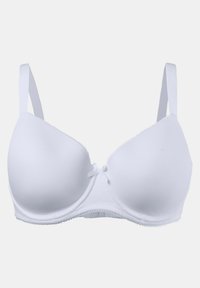 Weißer Bh mit geformten Cups, verstellbaren Trägern und einem kleinen Schleifchen in der Mitte. Glattes Material und gewellte Kanten um die Cups.