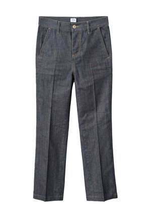 Pantaloni in denim scuro con design a gamba dritta, tasche anteriori e chiusura con un solo bottone. Presentano cuciture a contrasto e un'etichetta sulla cintura.