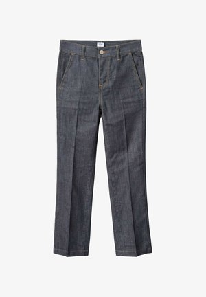 Pantaloni in denim scuro con design a gamba dritta, tasche anteriori e chiusura con un solo bottone. Presentano cuciture a contrasto e un'etichetta sulla cintura.