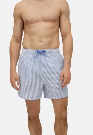 Bañador de rayas azules y blancas con cintura elástica y cordón de ajuste. Tejido ligero con un corte relajado y un diseño minimalista.