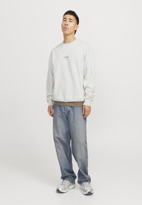 Gray sweatshirt with ribbed cuffs and hem, layered over a brown shirt. Worn with loose blue jeans and gray sneakers. Clean, minimal design.