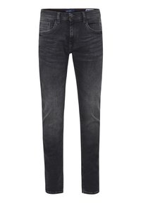 Black denim jeans with a slim fit, featuring traditional five-pocket design, stitched detailing, and a button closure at the waist.