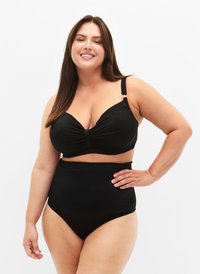 Juodas bikini kostiumėlis su sukta tekstūra viršuje, reguliuojamomis petnešėlėmis ir aukštu juosmens apatine dalimi. Visoje apdailoje yra glotni tekstūra.