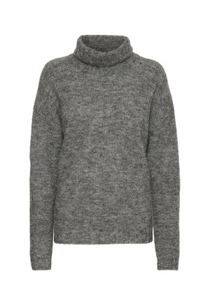 Gray turtleneck sweater made of soft knit material, featuring a relaxed fit and long sleeves with a subtle texture throughout.