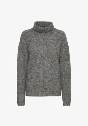 Maglione grigio a collo alto realizzato in morbido tessuto a maglia, con un taglio comodo e maniche lunghe caratterizzate da una leggera texture.