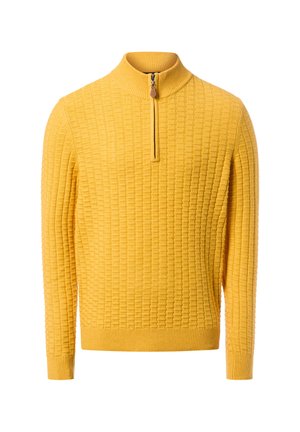 Gelber Reißverschluss-Pullover mit strukturiertem Muster, hohem Kragen, gerippten Bündchen und Saum, aus weichem, warmem Stoff.