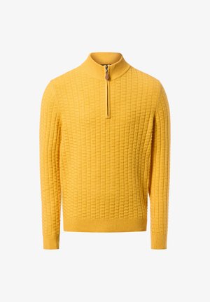 Żółty sweter zapinany na zamek z teksturowanym wzorem, wysokim kołnierzem, ściągaczami przy mankietach i hemie, wykonany z miękkiego, ciepłego materiału.