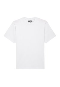 Tricou alb din bumbac, cu guler rotund, mâneci scurte și un tiv drept. Eticheta inscripționează "MIRA PARIS" la guler.