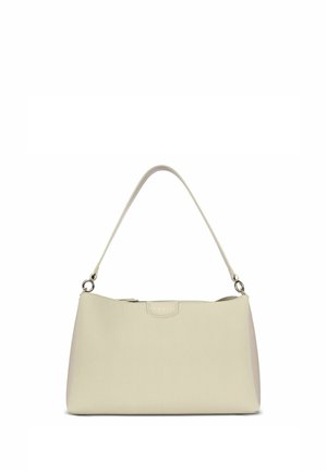 Sac à bandoulière en cuir beige avec une seule sangle, forme rectangulaire, et logo discret de la marque au centre avant.