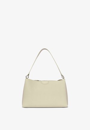 Borsa a tracolla in pelle beige con una singola cinghia, forma rettangolare e logo del marchio discreto al centro davanti.