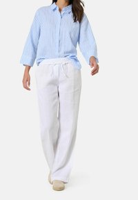 Chemise à rayures bleu clair avec boutons et manches trois-quarts, assortie à un pantalon en lin blanc ample et des espadrilles beiges.