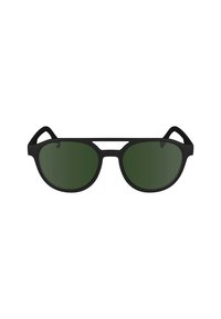 Ochelari de soare negri cu lentile verzi ovale, având un cadru subțire și decupaje distincte în partea de sus. Materialul pare mat, oferind un finisaj elegant.