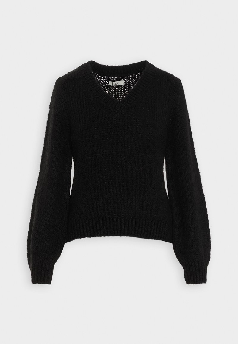 Pull noir en maille avec col en V et manches longues bouffantes, poignets et ourlet côtelés, présenté sur un fond clair uni.