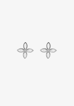 Silberne Ohrstecker in Form von vierblättrigen Blumen mit marquise-förmigen klaren Edelsteinen in jedem Blatt.