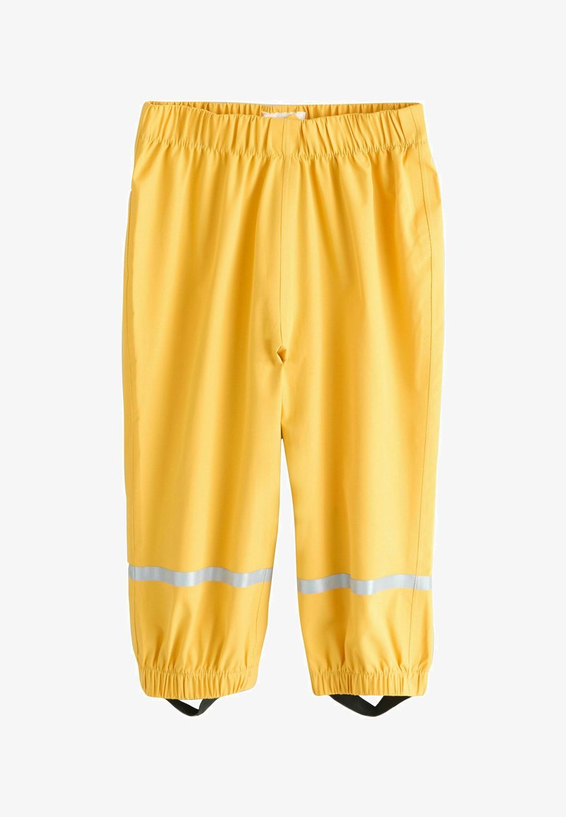 Gelbe wasserdichte Hose mit elastischem Bund und Bündchen, ausgestattet mit reflektierenden Streifen oberhalb der Knöchel und schwarzen Fußriemen.