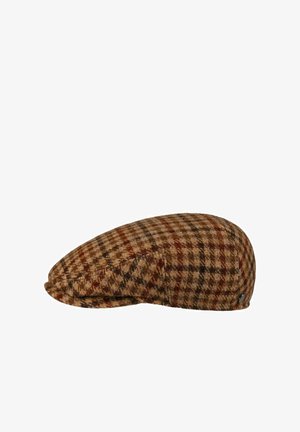 Brown and orange plaid flat cap with button detail on side, made of textured wool fabric.