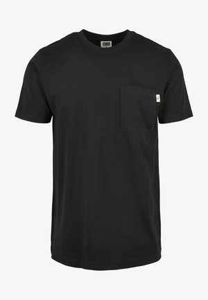 Zwarte katoenen t-shirt met een ronde halslijn en korte mouwen, voorzien van een voorzak en een klein logo-label aan de zijkant.