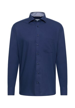 Navy button-up shirt with long sleeves, single chest pocket, and a patterned interior collar. Smooth fabric with a tailored fit.