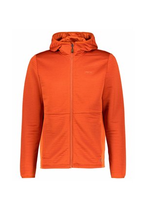 Orange zip-up hooded jacket with ribbed texture. Features two front pockets and a logo on the chest. Lightweight, designed for outdoor activities.