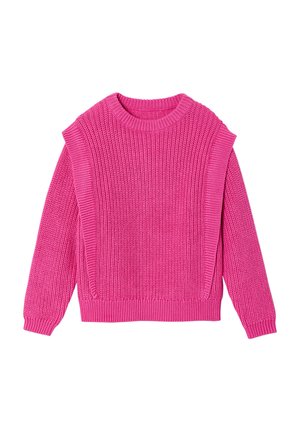 Leuchtend pinker, grob gestrickter Pullover mit langen Ärmeln sowie gerippten Bündchen, Saum und Kragen, flach auf weißem Hintergrund ausgelegt.