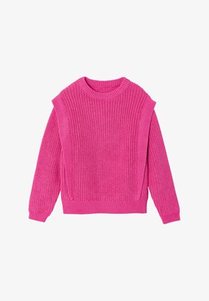 Leuchtend pinker, grob gestrickter Pullover mit langen Ärmeln sowie gerippten Bündchen, Saum und Kragen, flach auf weißem Hintergrund ausgelegt.