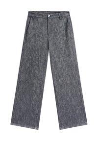 Pantalons gris foncé à jambes larges en tissu texturé. Fermeture à bouton et deux poches latérales. Motif vertical subtil sur l'ensemble.