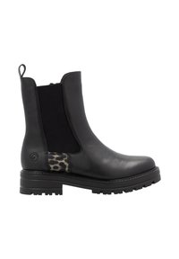 Black leather ankle boots with elastic panels and a textured leopard print accent. Chunky sole and pull tab for easy wear.