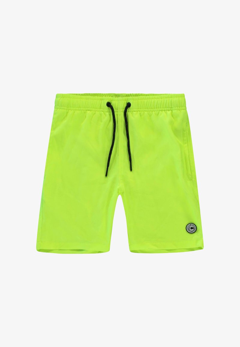 Neongroene shorts met een elastische tailleband, zwarte trekkoord en zijzakken. Heeft een ronde logo op de onderkant van het linkerbeen.