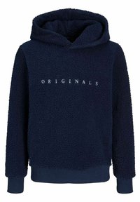 Navyblaue Fleece-Hoodie mit strukturierter Oberfläche, übergroßer Kapuze und gerippten Bündchen. Auf der Brust steht das Wort "ORIGINALS" in weißer Schrift.