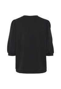 Svart tröja med korta puffärmar, rundad halsringning och rak nederkant. Tillverkad av mjukt, lätt tyg. Inga synliga mönster eller dekorationer.