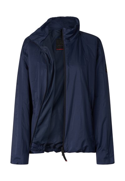 Lehká bunda tmavě modré barvy s celým předním zipem, vysokým límcem, dlouhými rukávy a elastickým lemem.