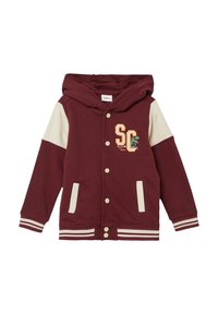 Vyniojamojo raudonojo gobtuvo striukė su kremine apdaila, snapine sagomis, dryžuotais rankogaliais ir išsiuvinėtu "SC Roar Team" dizainu, vaizduojančiu dinozaurą.