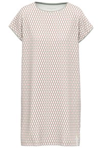 Kurzes Kleid mit kurzen Ärmeln aus einem weißen Stoff, der mit einem wiederkehrenden rot-grünen Wellenmuster verziert ist. Es besitzt einen runden Ausschnitt und eine lockere Passform.