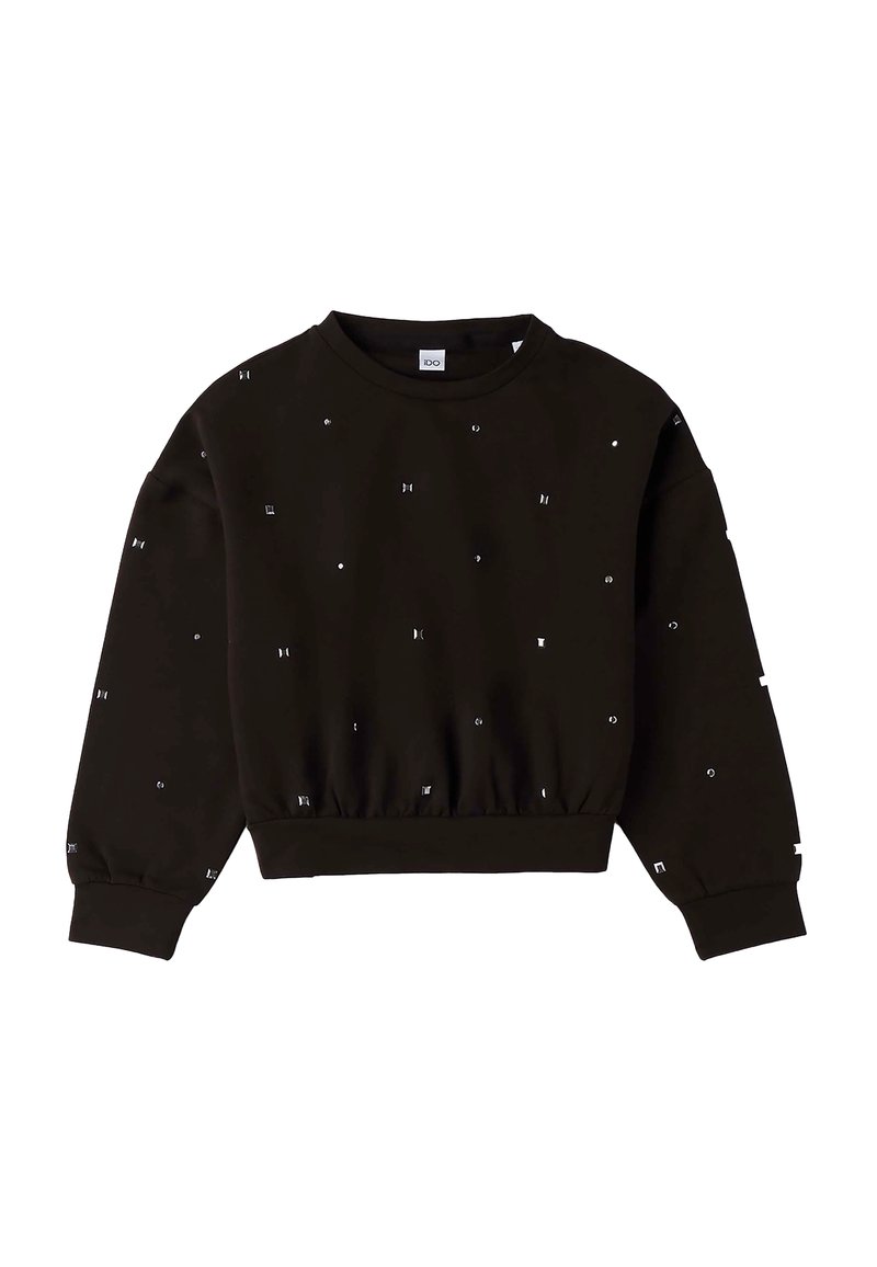 Zwarte crop sweatshirt gemaakt van zachte stof, met een geribbelde ronde hals en manchetten, versierd met verspreide zilveren geometrische embellissements.