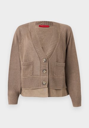 Taupe knit cardigan with three buttons, two front pockets, ribbed cuffs and hem, layered over a matching shirt hem.