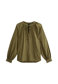 Olijfgroene blouse met lange mouwen, een ronde halslijn, strikdetail en gathered mouwen. Gemaakt van structuurstof, met een relaxed fit.