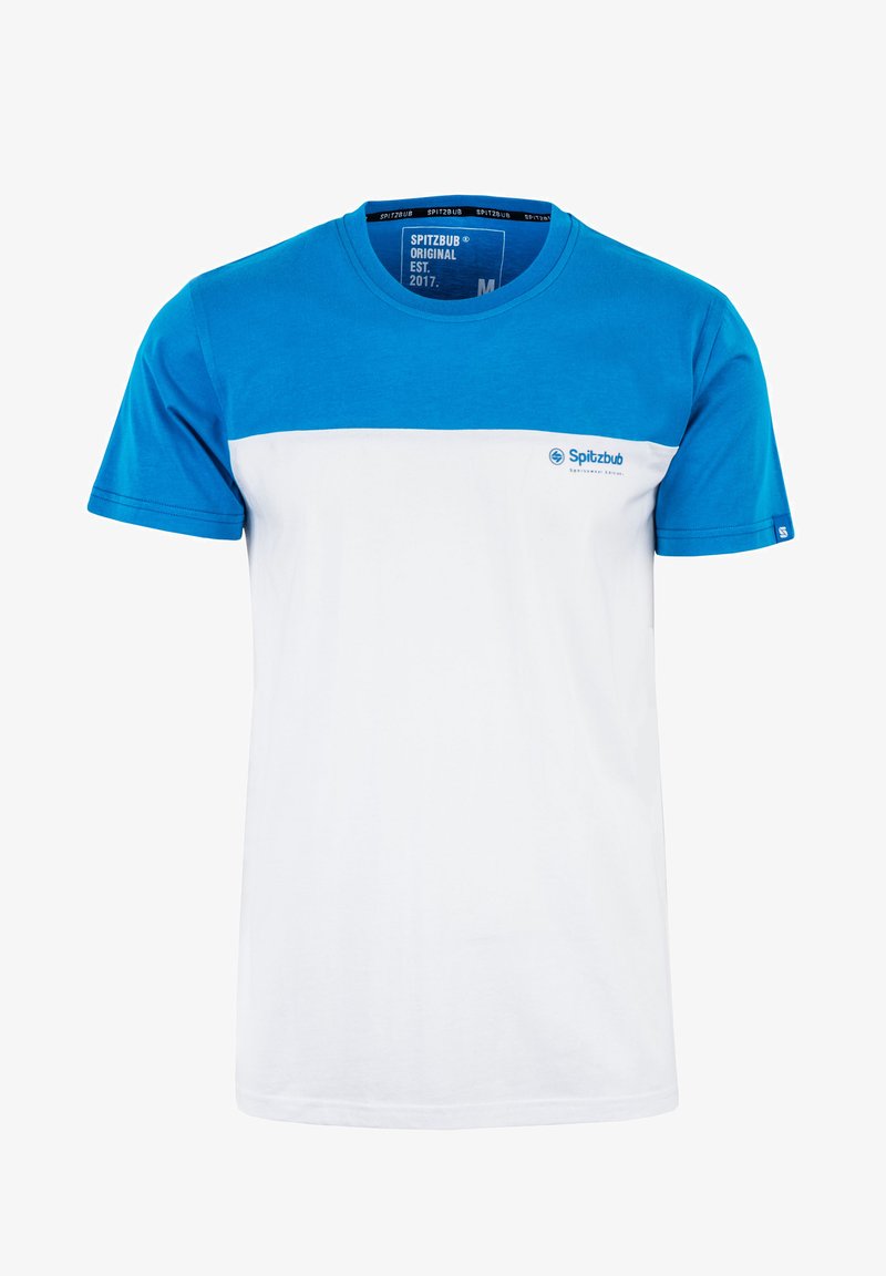 Kurzärmeliges T-Shirt mit einem blauen oberen Teil und einem weißen unteren Abschnitt. Aus Baumwolle mit rundem Halsausschnitt und Logodetail gefertigt.