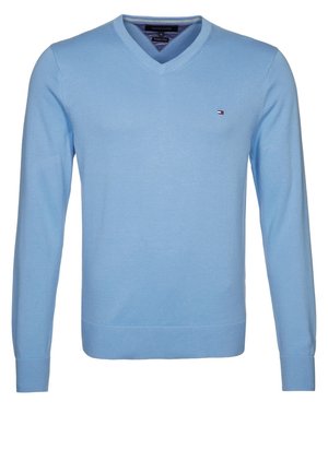 Maglione blu chiaro a maniche lunghe e scollo a V realizzato in tessuto a maglia. Presenta un piccolo logo sul petto e polsini e orlo a costine. Texture liscia.